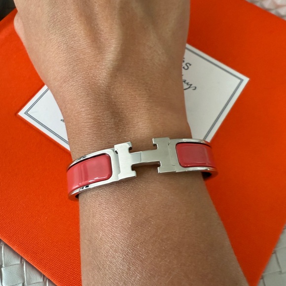 Hermes Clic H Clac Rouge Corail Coral Enamel Palladium Plated Bracelet PM New - Picture 11 of 13